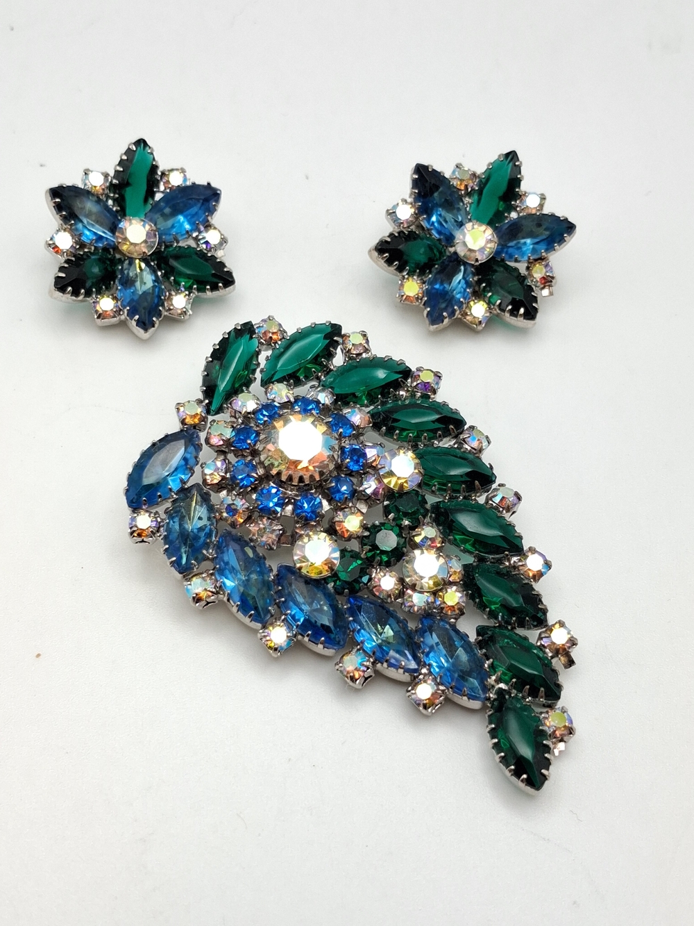 Emerald & Sapphire Colored Crystal Floral Brooch and Earring Set